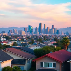 View of Los Angeles skyline with homes in the foreground