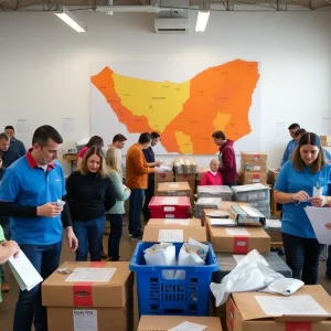 Volunteers assisting at a community center during disastrous wildfire recoveries.