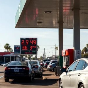 Cars at a gas station in Los Angeles County with visible gas price signs.